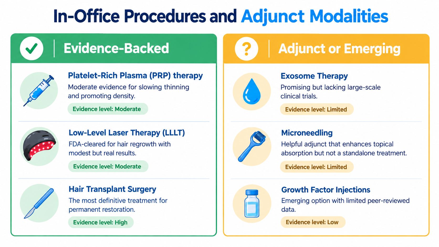 A chart comparing evidence-backed hair loss treatments versus adjunct or emerging therapies with evidence levels.