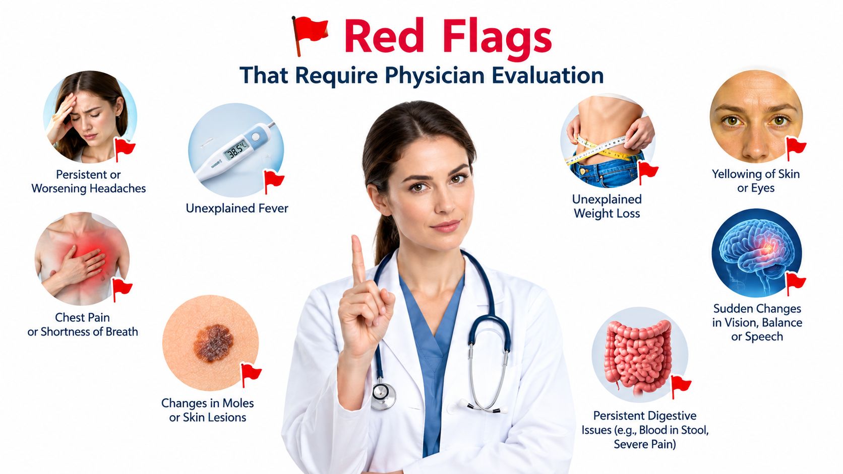 A female doctor pointing up with red flags around her representing medical symptoms requiring physician evaluation.