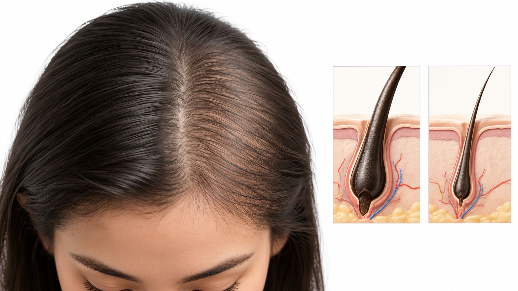 A close-up view of a woman showing early signs of hair thinning, accompanied by hair follicle diagrams.