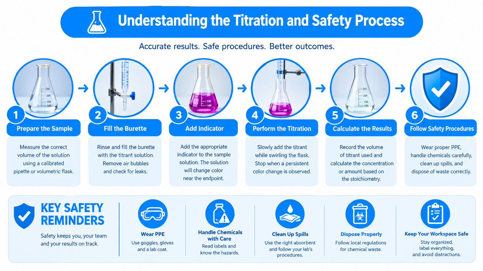 An educational infographic outlining the six-step titration process and essential laboratory safety reminders for scientists.
