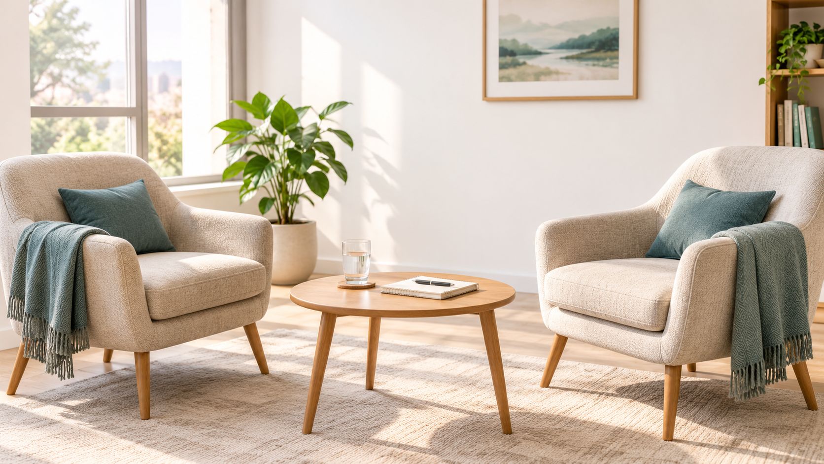 Two beige armchairs with teal pillows and blankets facing a round wooden coffee table in a room.