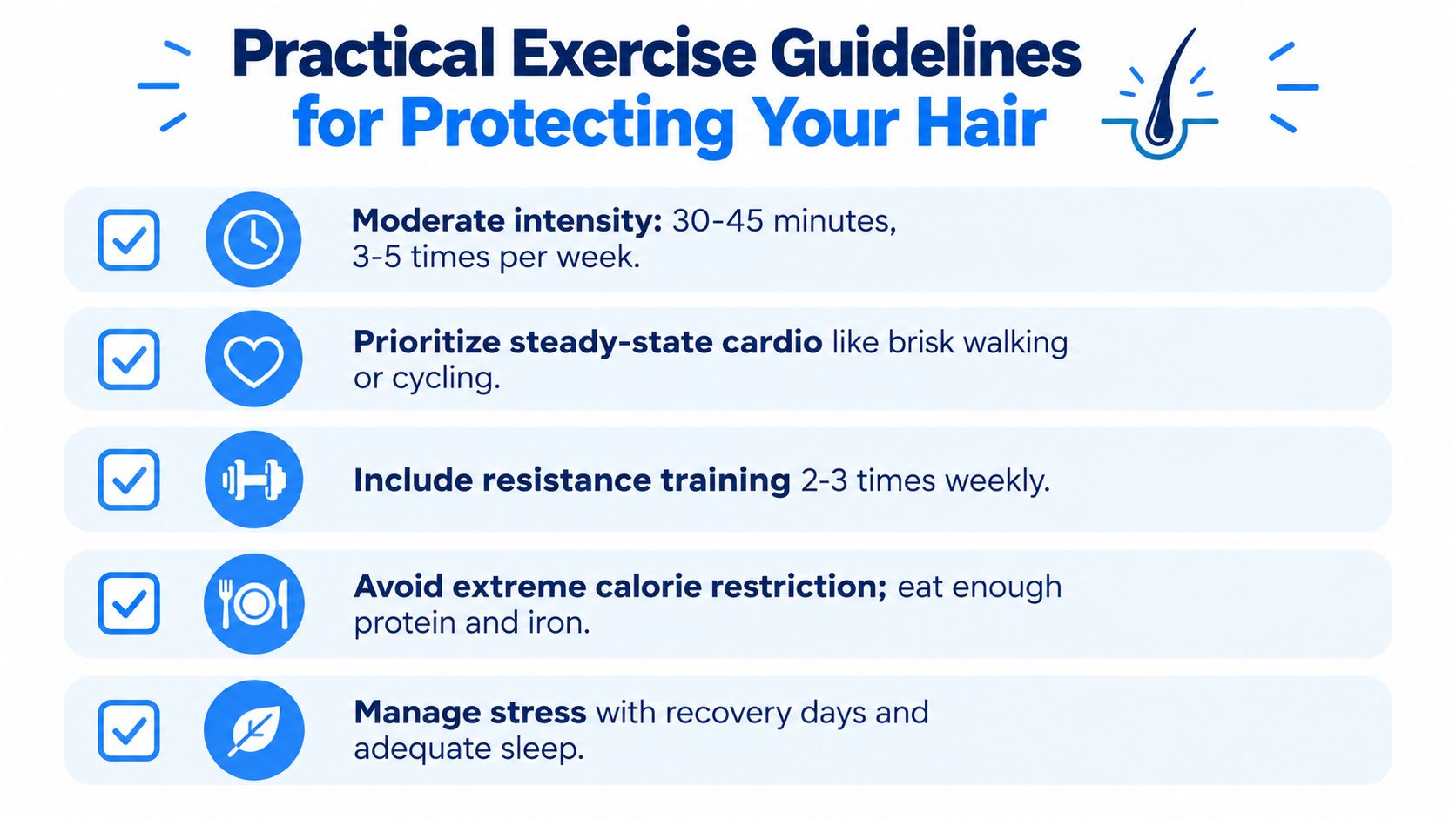 A list of practical exercise guidelines designed to protect hair health while maintaining an active lifestyle.