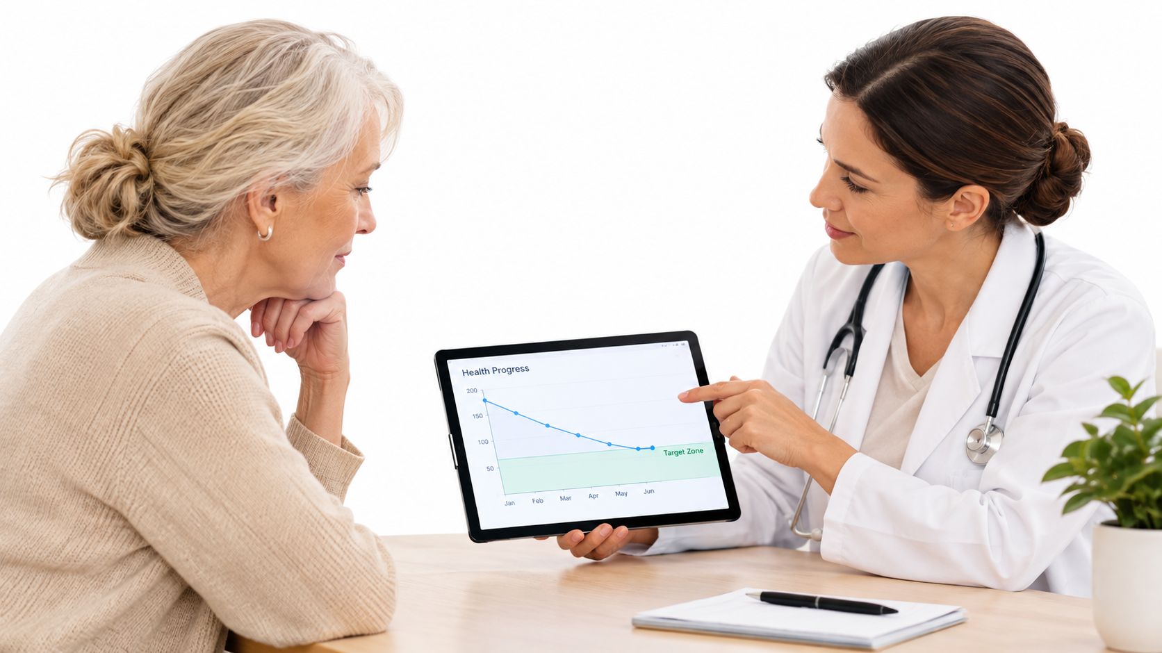 A female doctor showing a progress chart on a tablet screen to an elderly woman patient.