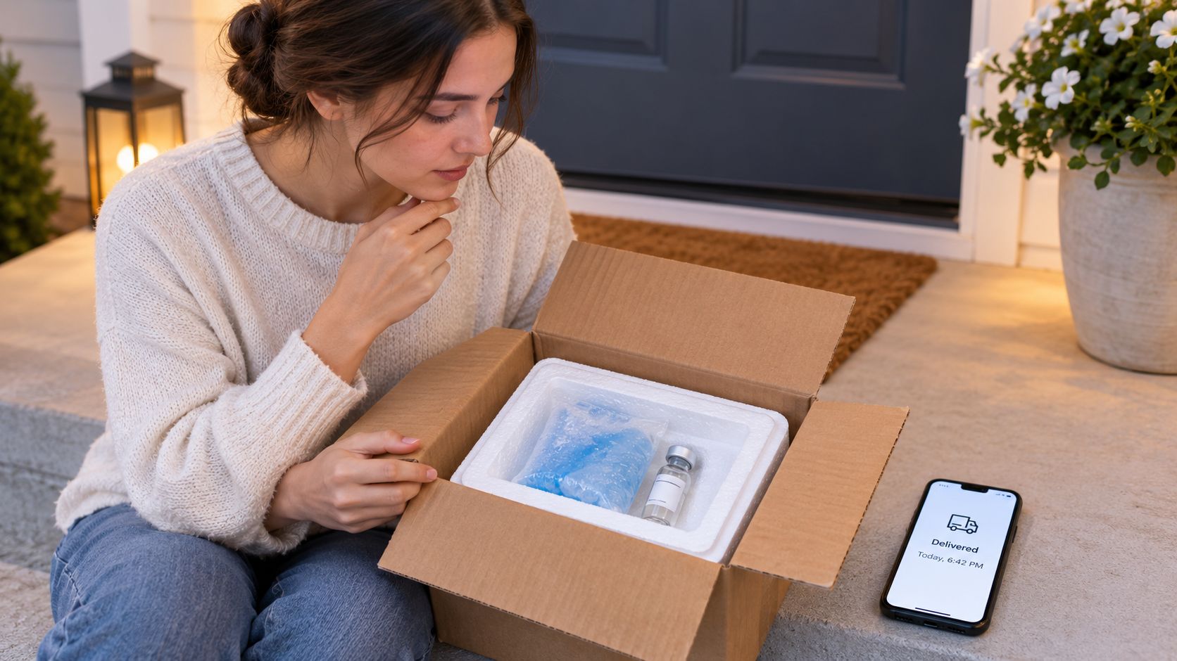A young woman checks a delivery box on her porch containing a medical vial and ice pack.