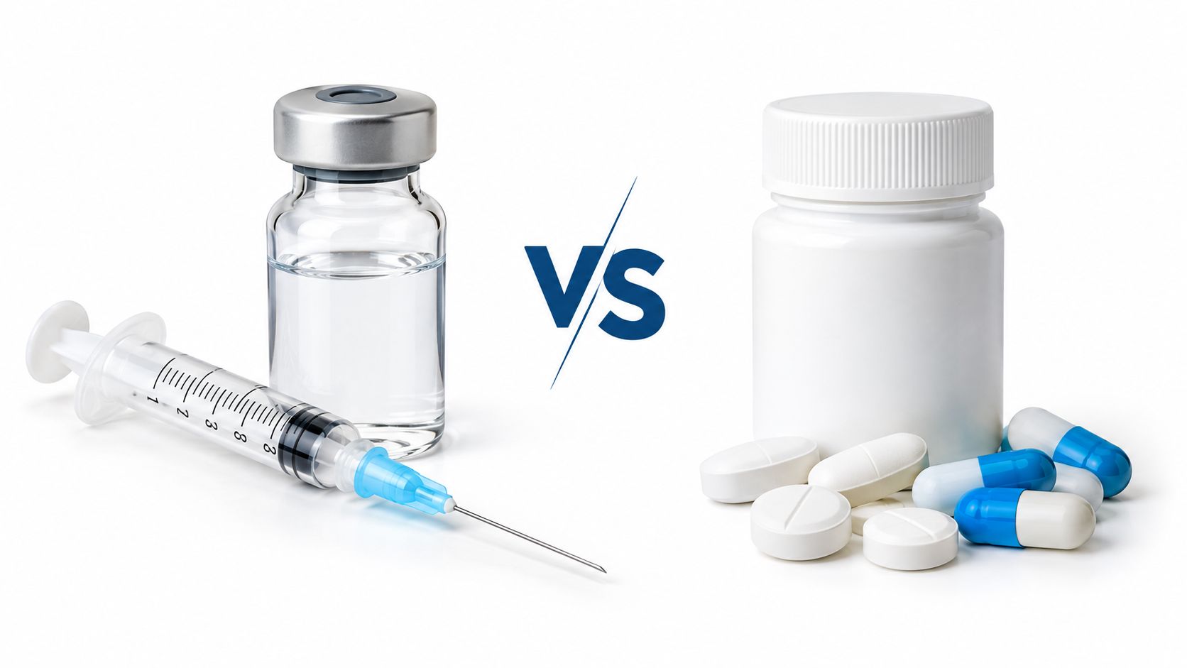 A glass medical vial with a syringe next to a white bottle with various pills and capsules.