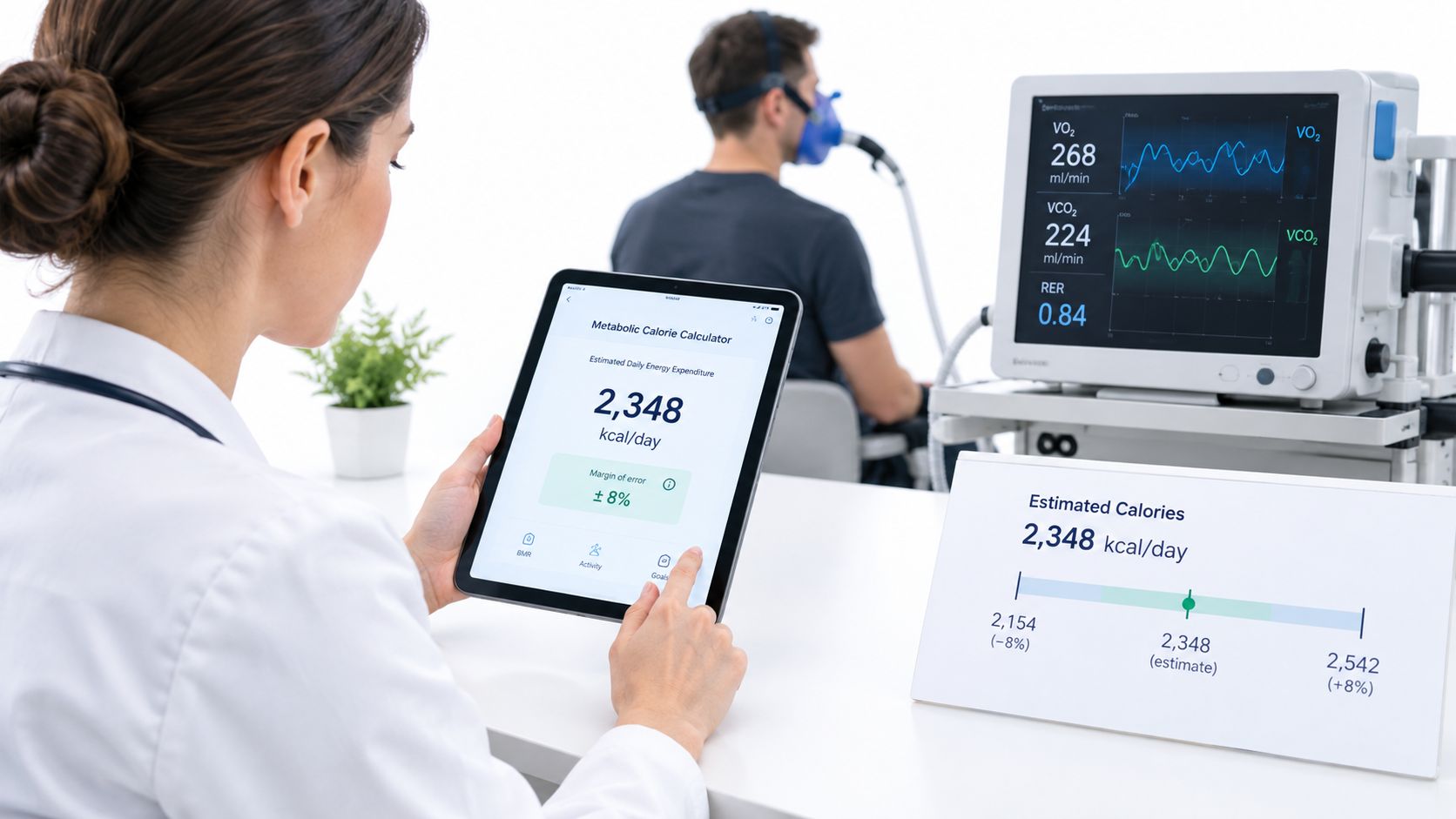 A professional clinician uses a digital tablet to review metabolic test results of a patient wearing an oxygen mask.