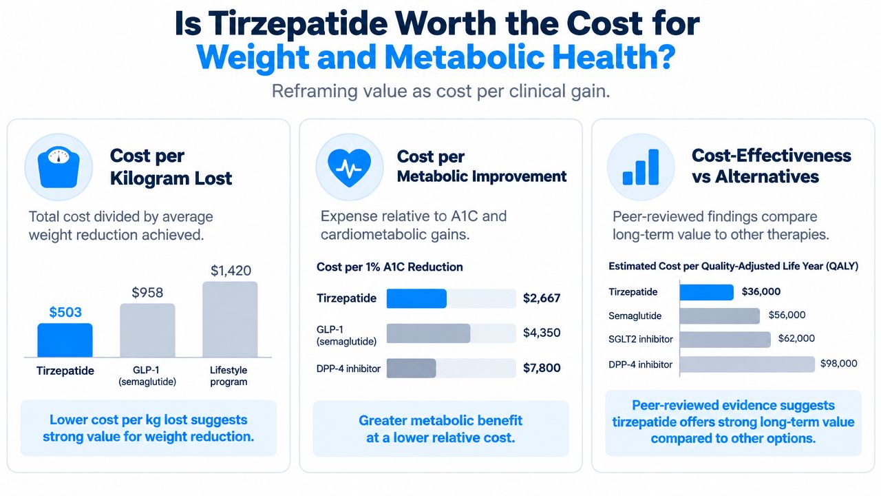 An infographic comparing the cost-effectiveness of Tirzepatide versus other weight loss and metabolic health treatments.