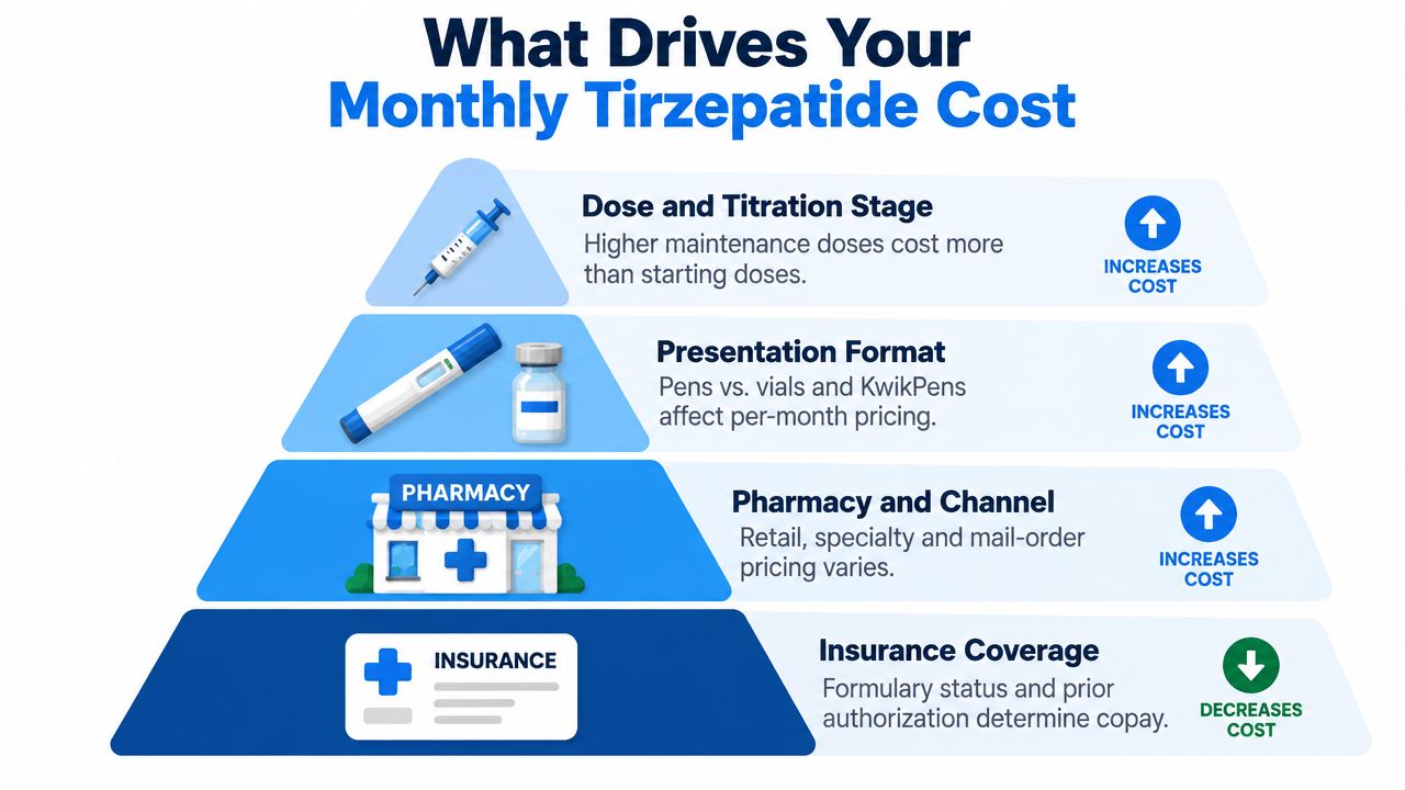 A pyramid infographic illustrating the four key factors influencing the monthly cost of tirzepatide medication.