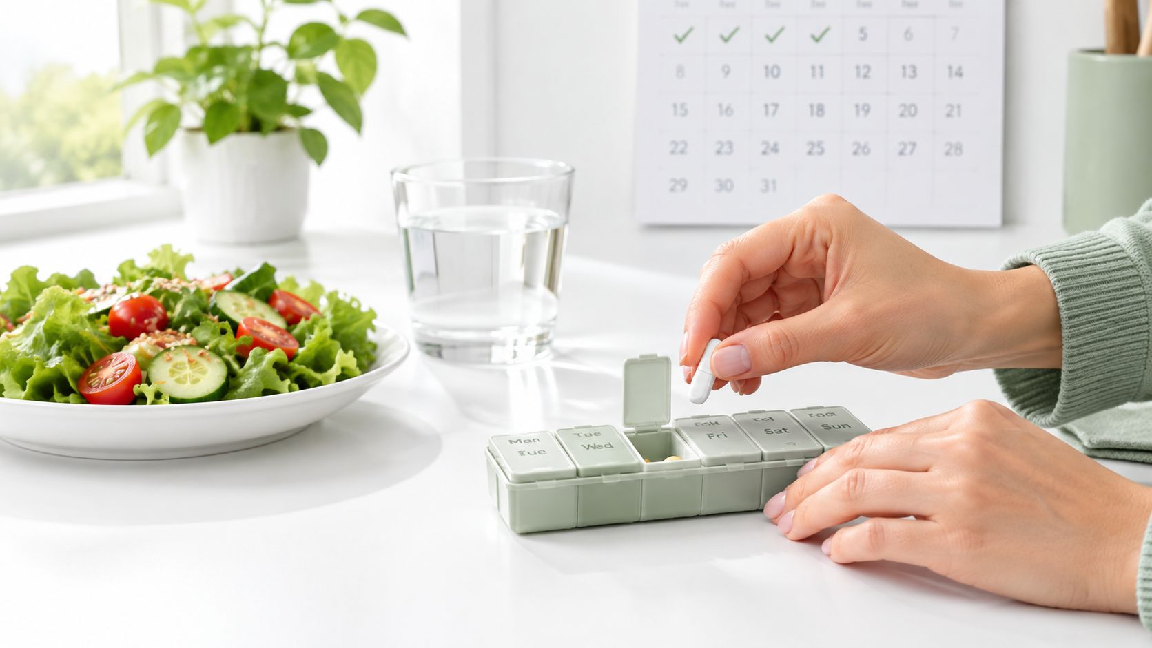 A person takes a white oral tablet from a weekly pill organizer next to a healthy salad.