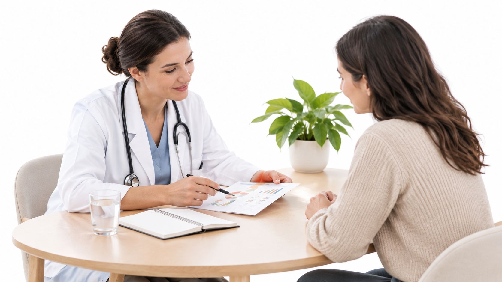 A female doctor with a stethoscope explaining medical charts to a patient during a consultation session.