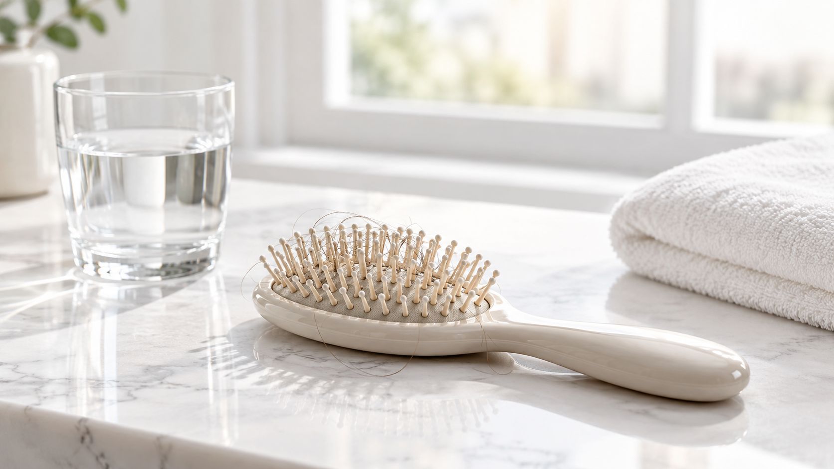 A beige hairbrush with fallen strands of hair on a marble surface next to a water glass.