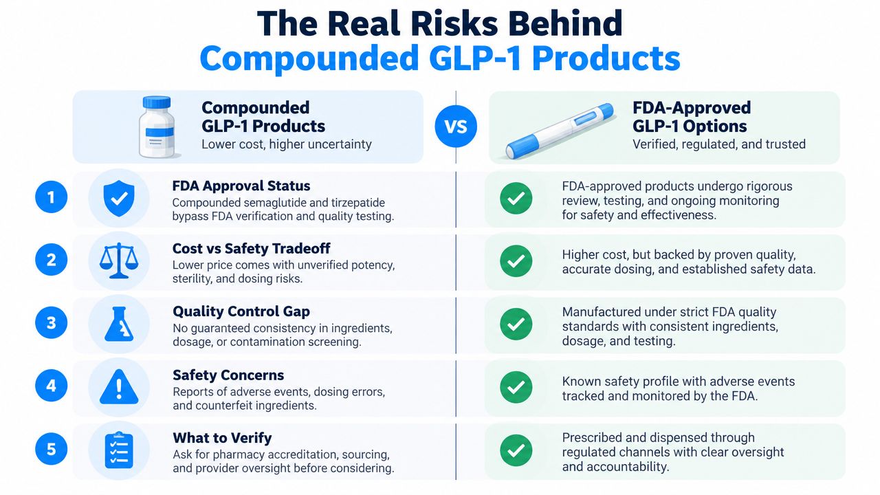 A comparison infographic detailing the risks of compounded GLP-1 products versus FDA-approved medication options.