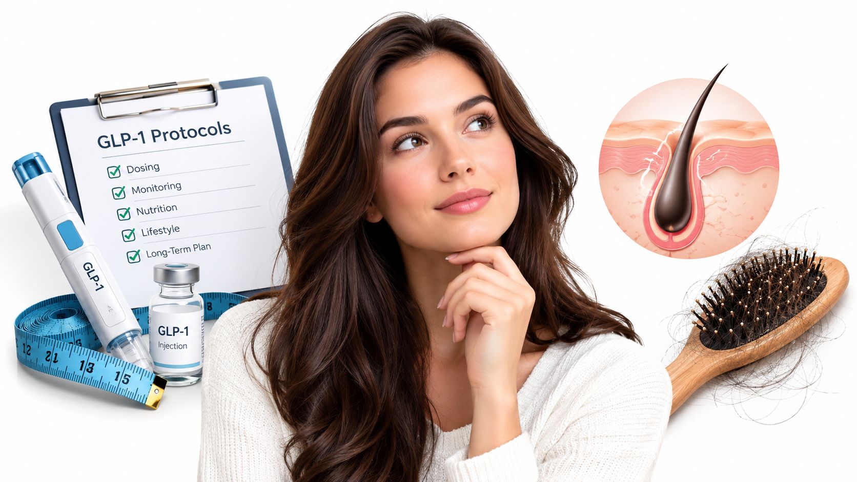 A woman contemplating GLP-1 weight loss medication next to a clipboard, measuring tape, and hair loss imagery.