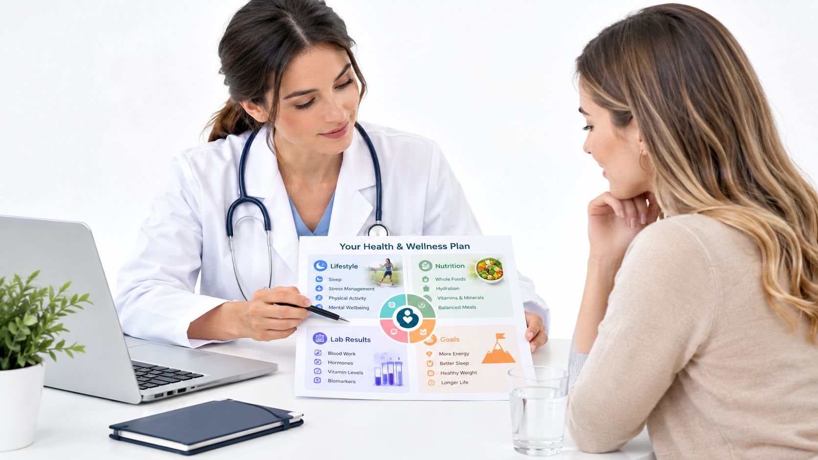 A female doctor in a lab coat discusses a personalized health and wellness plan with a patient.