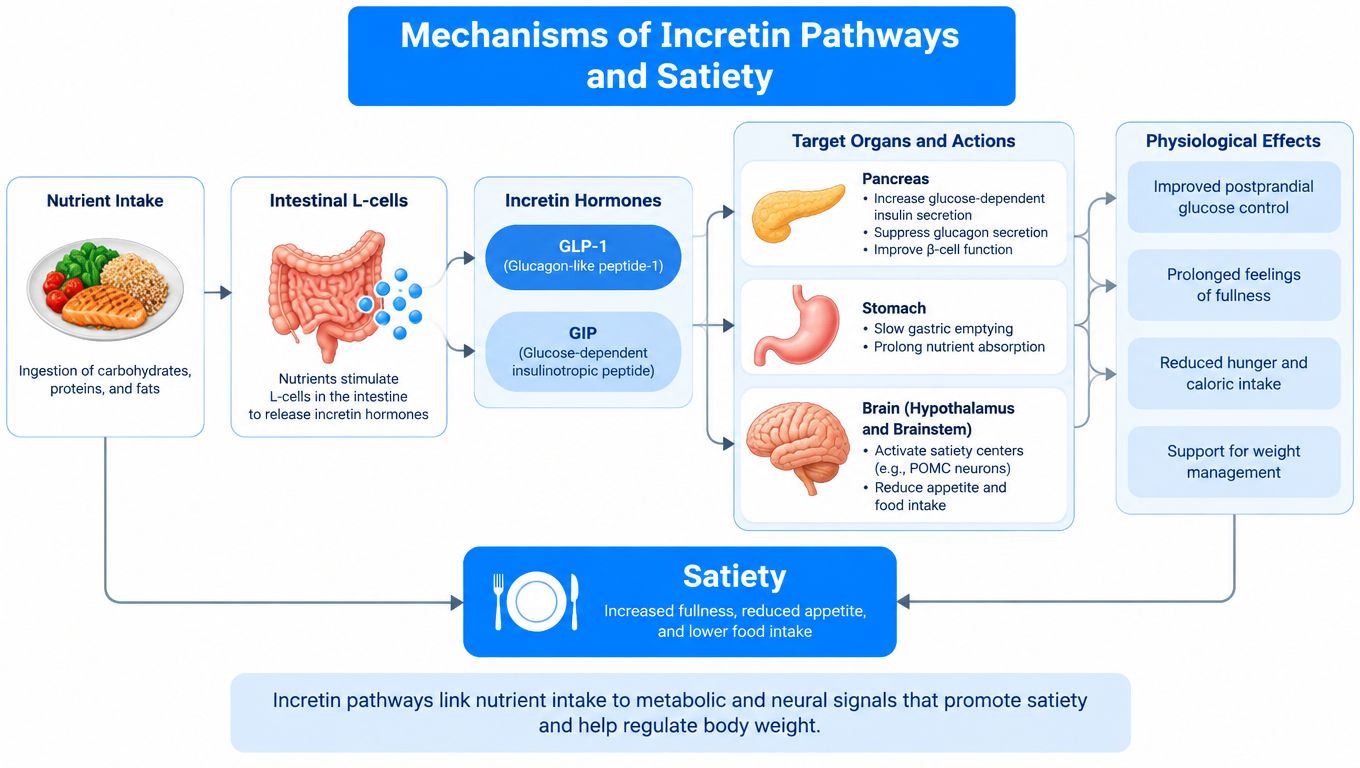 A diagram illustrating how incretin hormones like GLP-1 and GIP influence organs to promote satiety and weight loss.