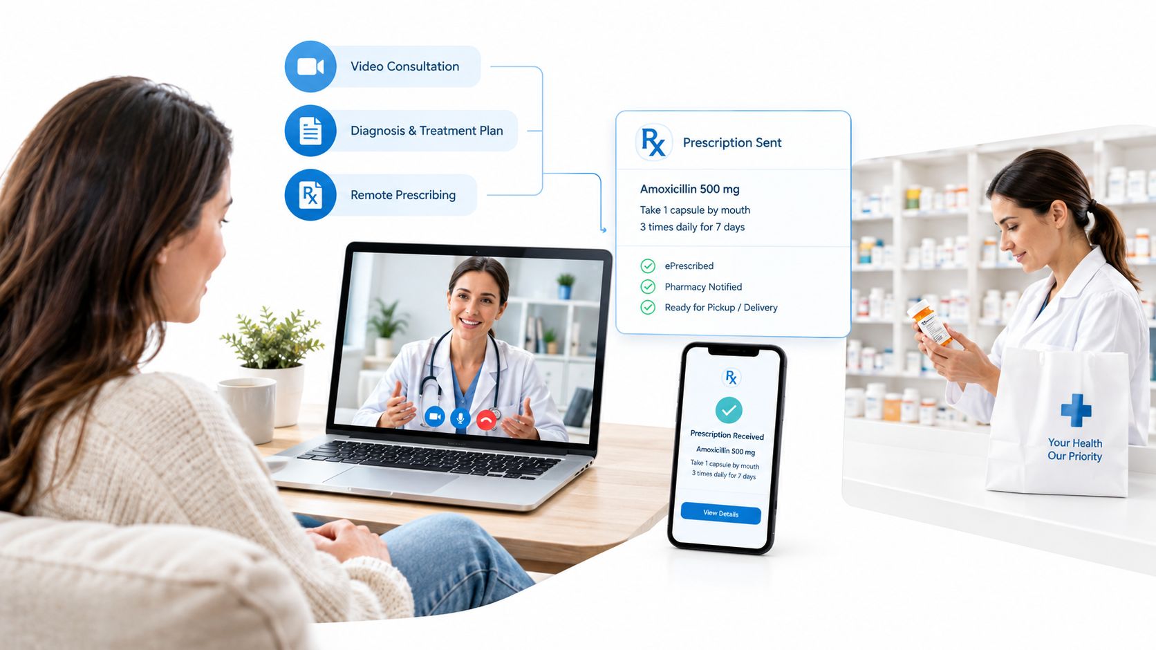 A digital graphic showing a patient consulting a doctor via video call with a prescription workflow overview.