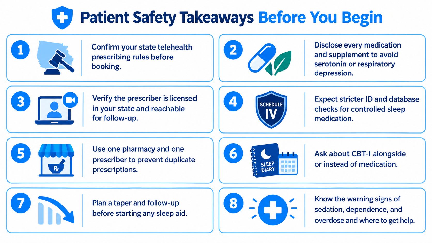 An infographic titled Patient Safety Takeaways Before You Begin listing eight essential safety tips for using sleep medication.