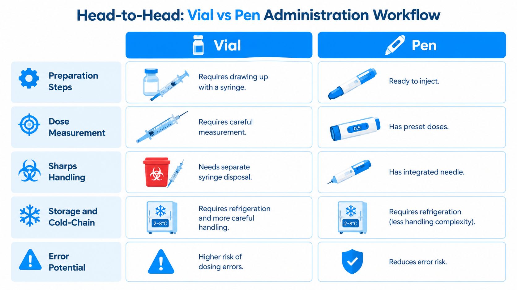 A comparison chart showing the differences in administration workflow between medical vials and pre-filled pens.