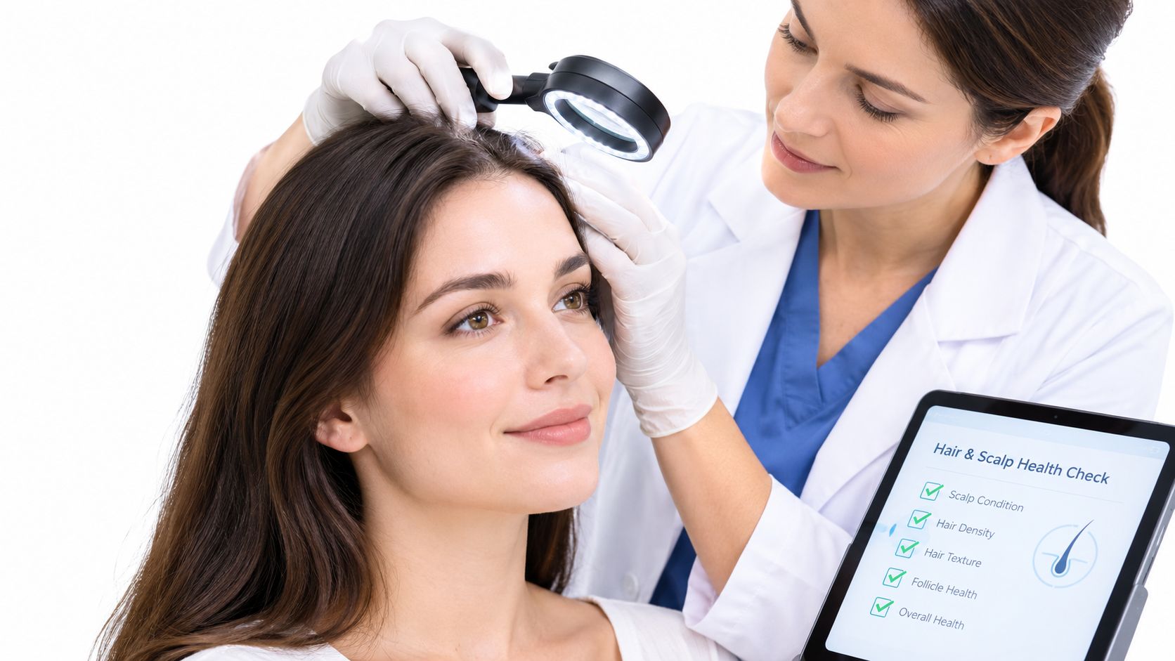 A professional dermatologist examines a patient's scalp using a magnifying lamp while holding a diagnostic tablet.