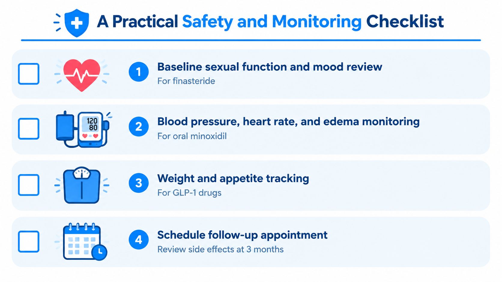 A safety and monitoring checklist infographic for medications including finasteride, oral minoxidil, and GLP-1 drugs.