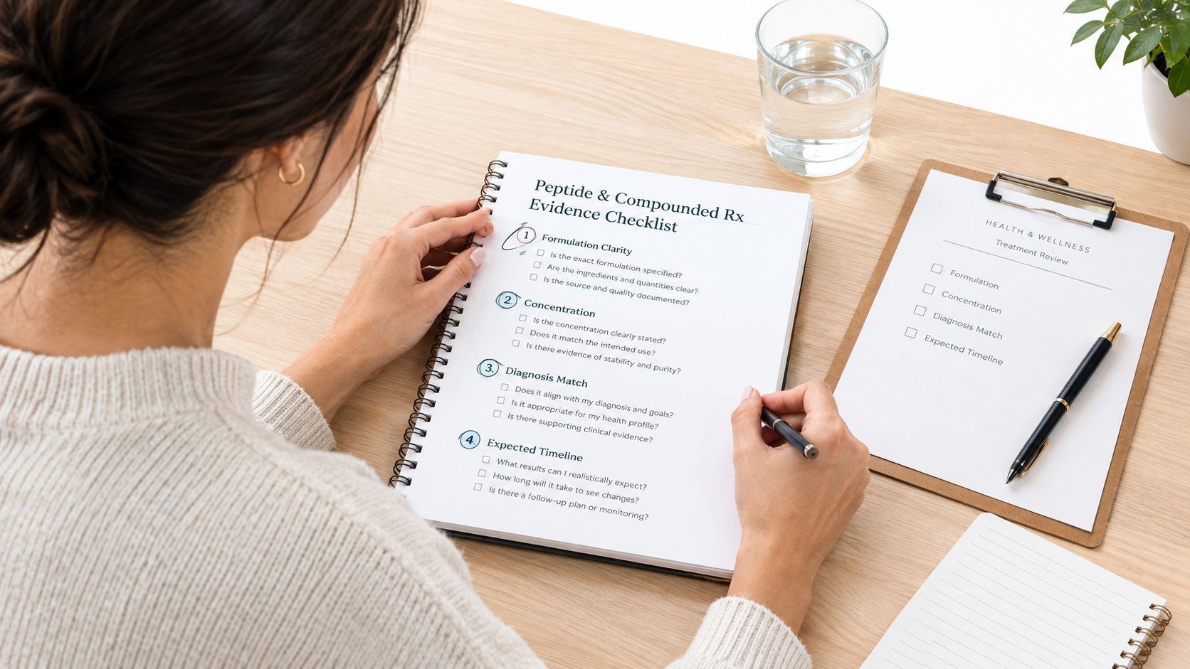 A woman reviewing a peptide and compounded prescription evidence checklist at a desk with a pen.