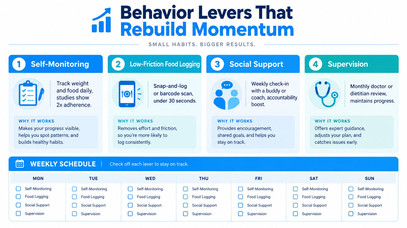 A diagram outlining four behavioral levers to rebuild weight loss momentum including self-monitoring, food logging, social support, and supervision.