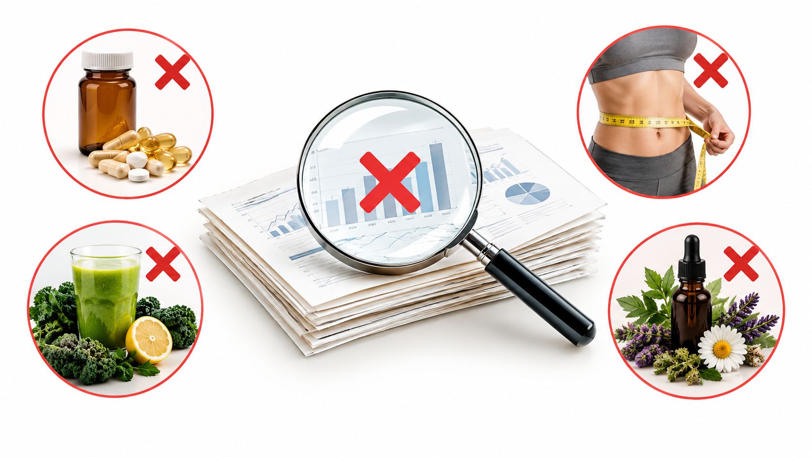 A magnifying glass over medical charts surrounded by icons of pills, weight loss, juices, and essential oils.