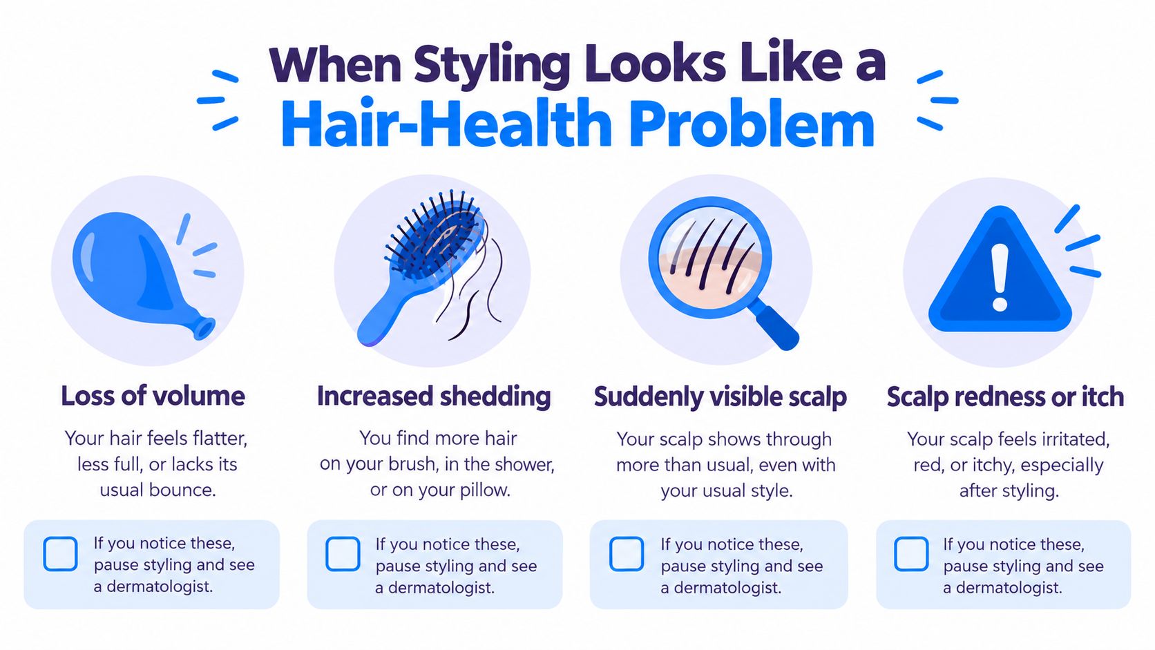 An infographic detailing signs of hair-health problems like volume loss, shedding, visible scalp, and scalp irritation.