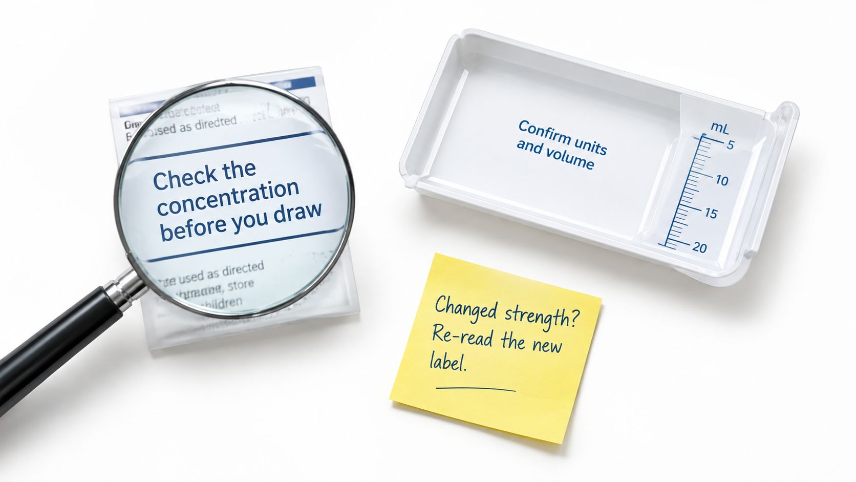 A magnifying glass inspecting a label, a measuring tray, and a reminder note about medication dosage safety.