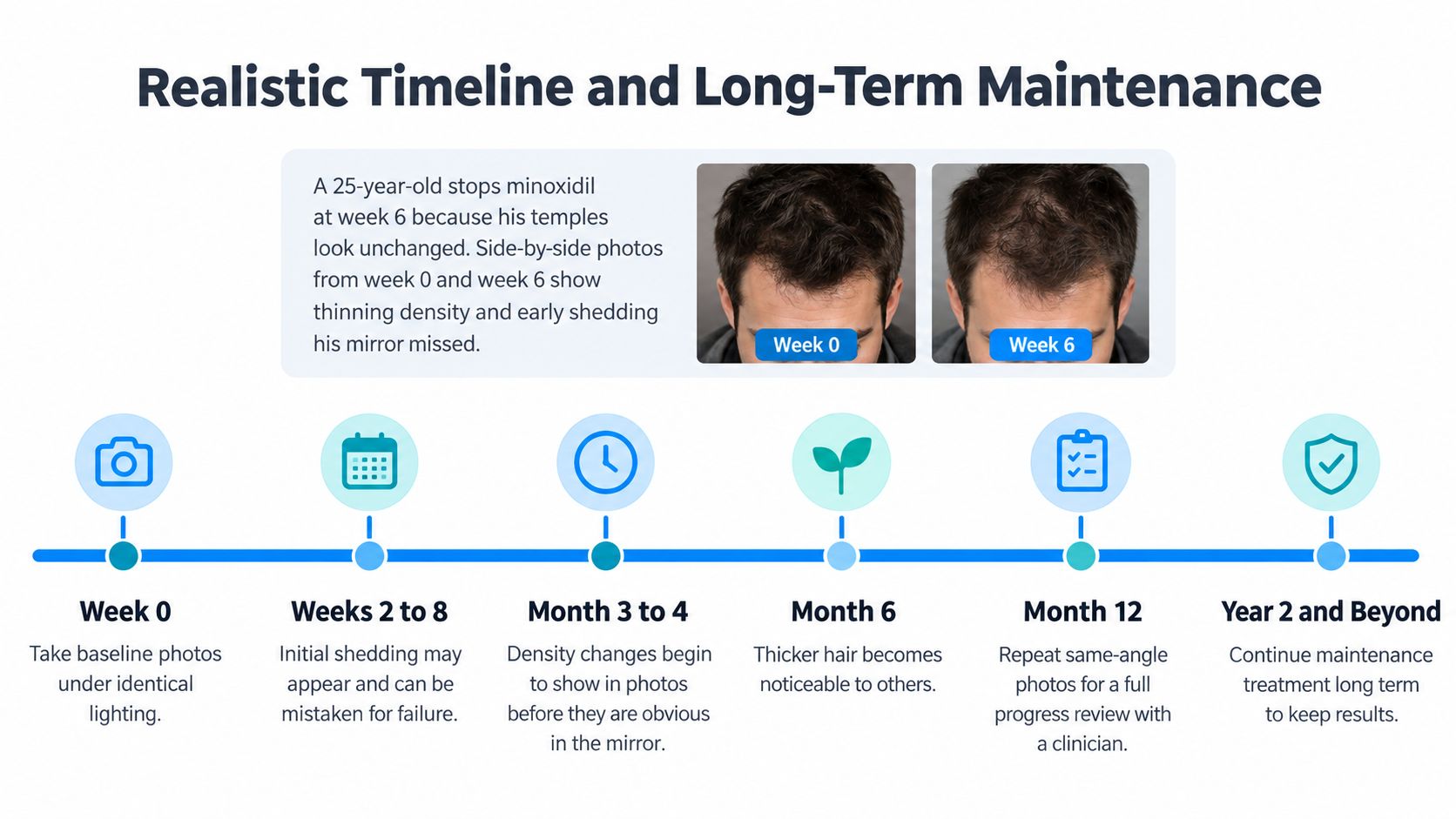 A timeline graphic showing hair growth stages for young men using minoxidil treatment over two years.