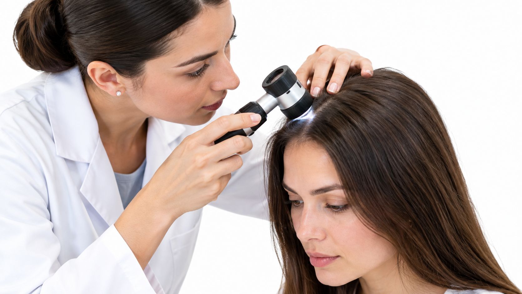 A dermatologist performs a scalp and hair analysis on a patient using a professional handheld dermatoscope.