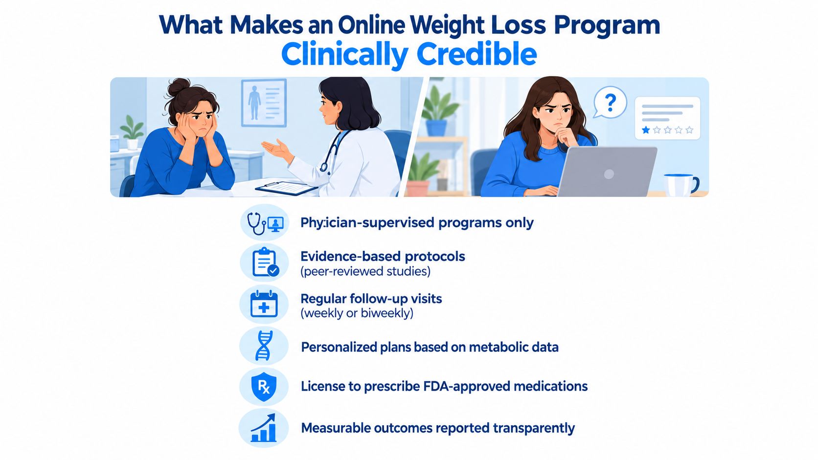 A list of six key criteria that define a clinically credible and effective online weight loss program.