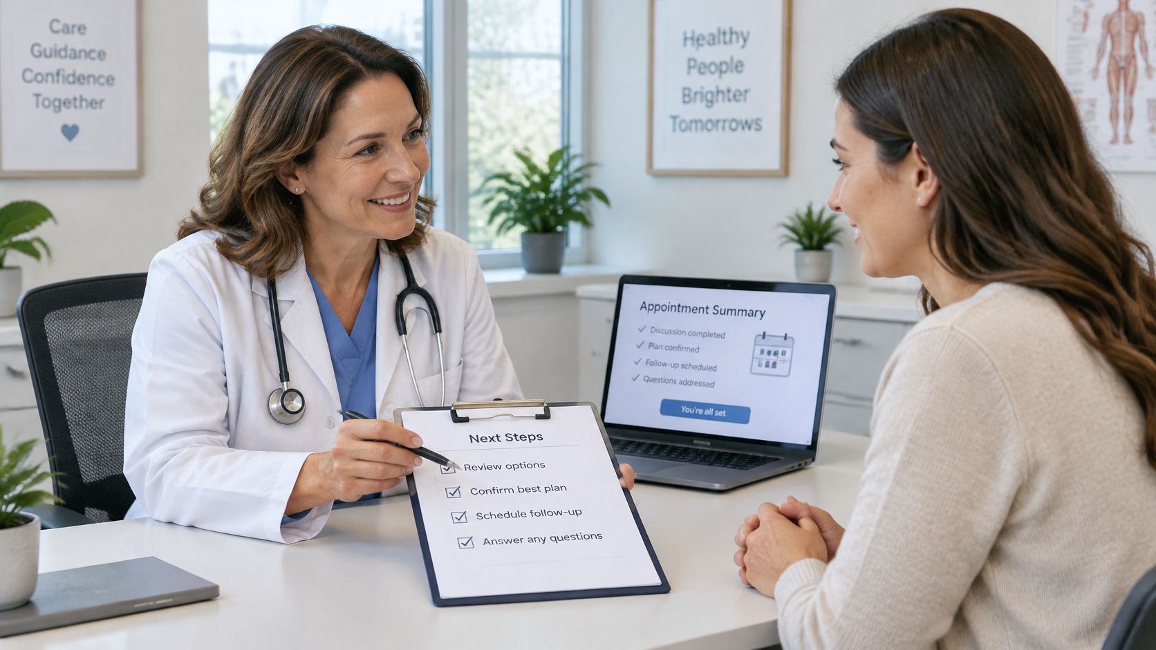 A friendly female doctor discusses a treatment plan with a patient during a consultation in her office.