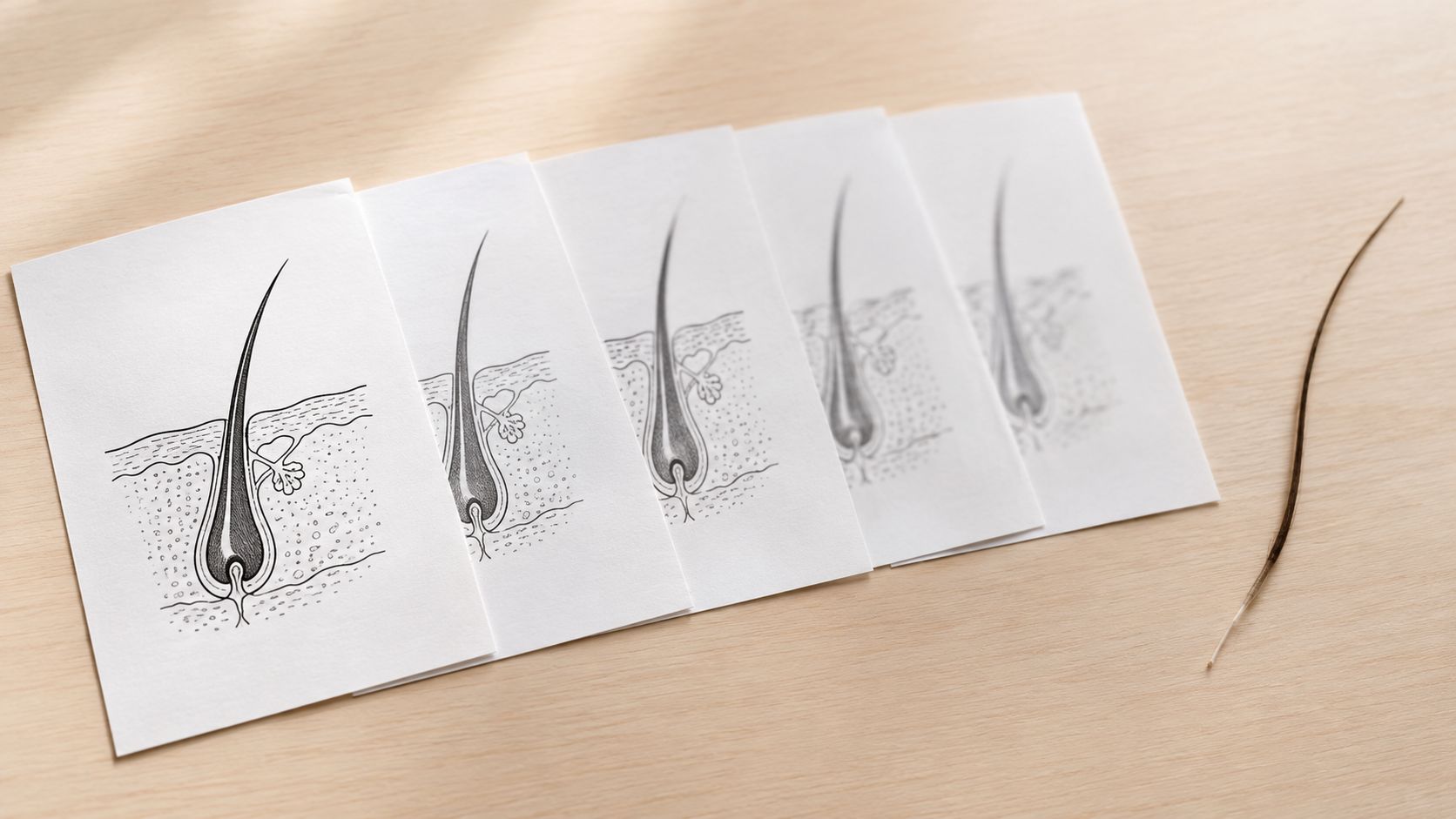 A diagram showing hair follicle stages on paper cards next to an actual strand of human hair.