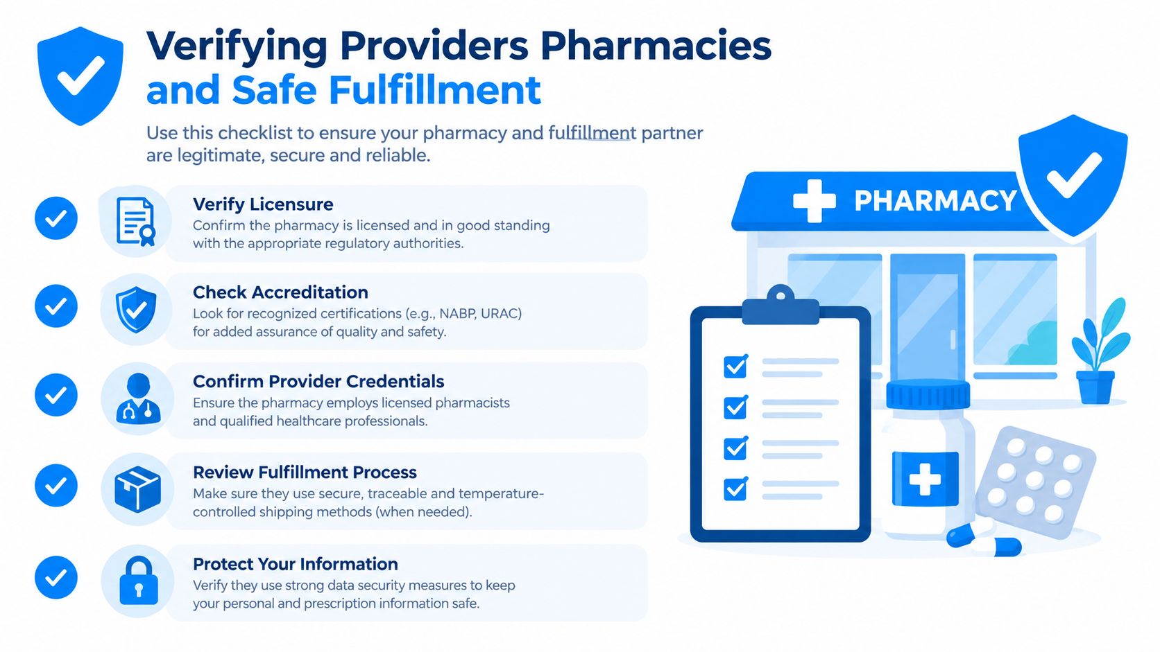 A safety checklist infographic for verifying online pharmacy credentials, licensure, and secure medication fulfillment practices.