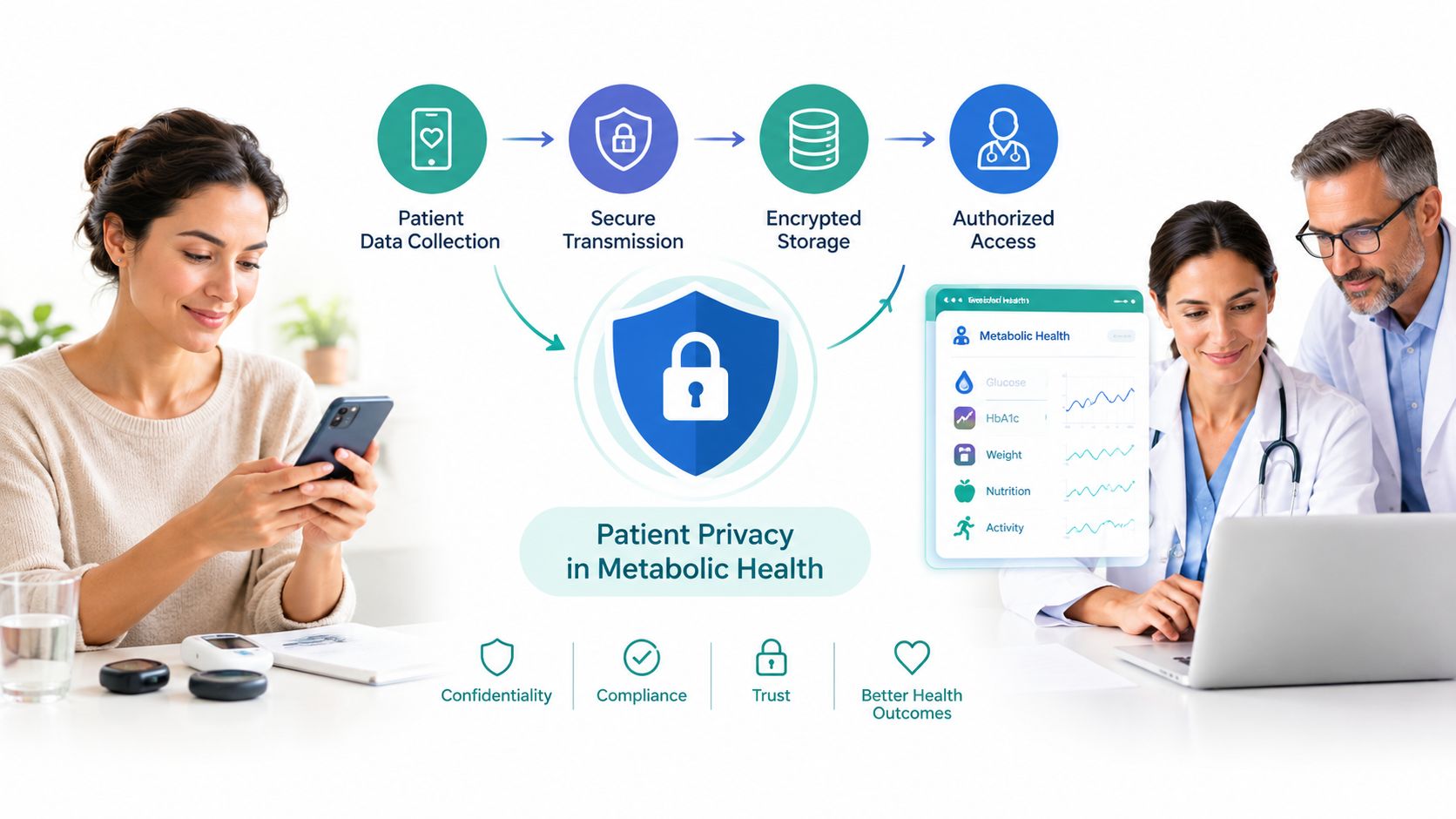 A diagram illustrating the secure data flow from patient monitoring to clinical review for metabolic health privacy.
