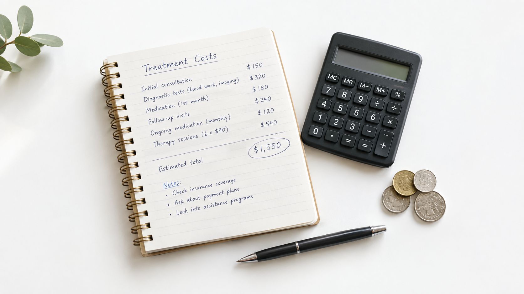 A notepad showing a handwritten list of treatment costs totaling 1,550 dollars with a calculator and coins.