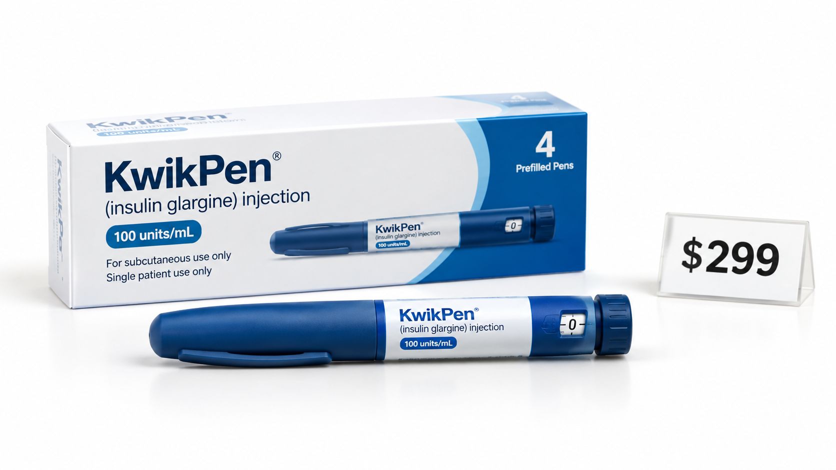 A box of four insulin glargine KwikPens next to a single insulin pen and a price tag.