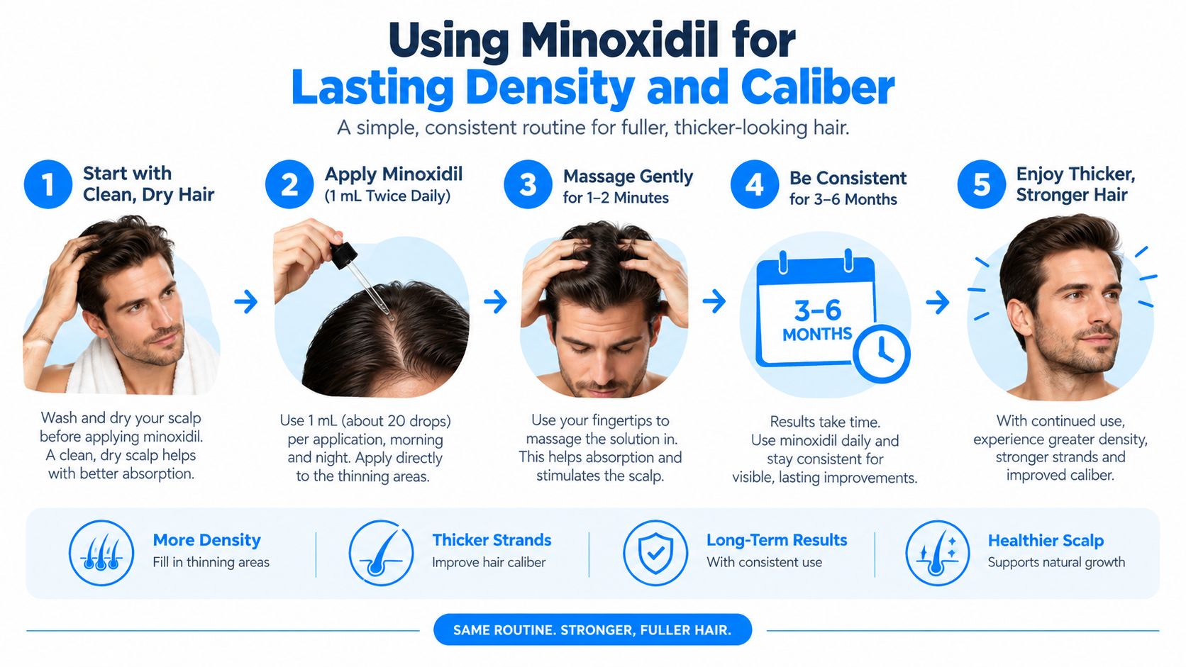 A five-step infographic guide demonstrating how to correctly apply minoxidil for thicker and denser hair growth.