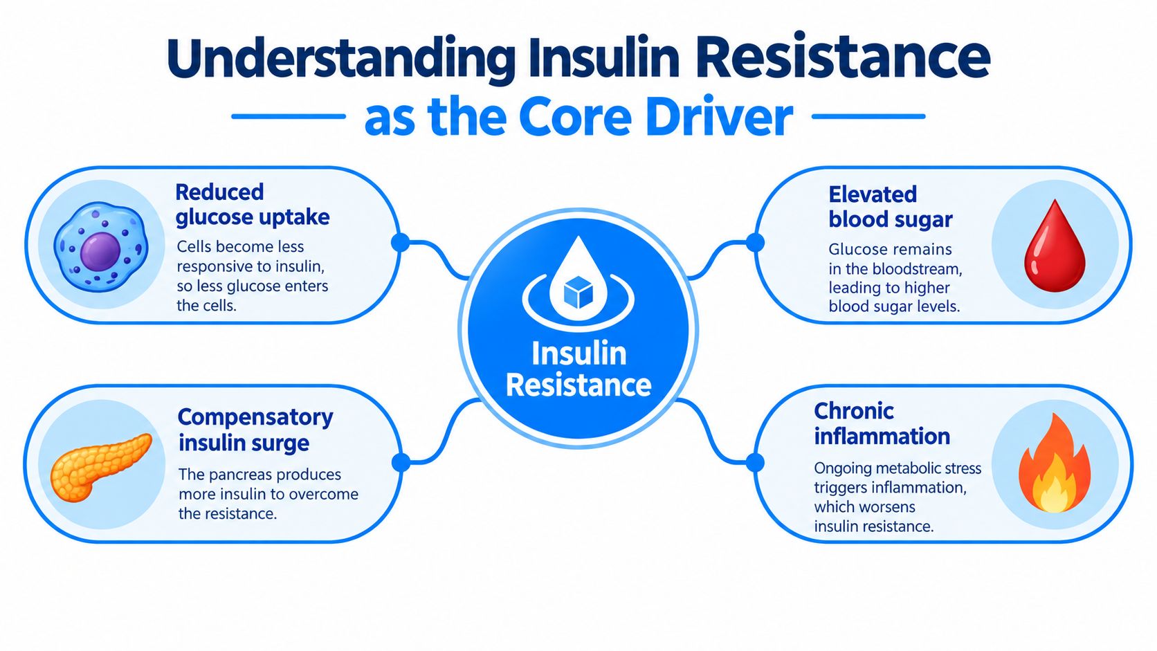 A diagram illustrating how insulin resistance affects the body through reduced glucose uptake and chronic inflammation.
