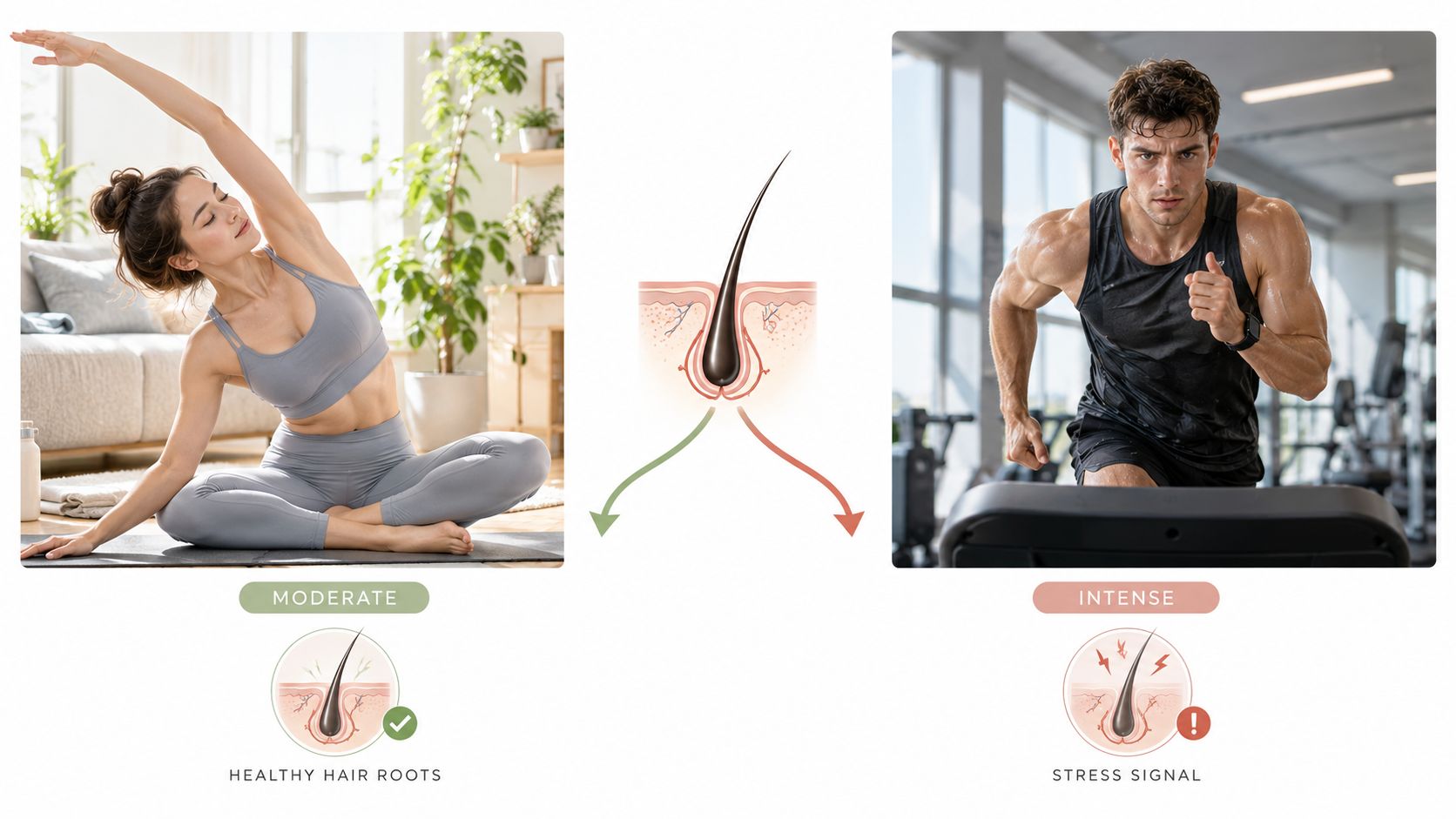 A comparison image showing how moderate exercise promotes healthy hair roots versus intense exercise causing stress signals.