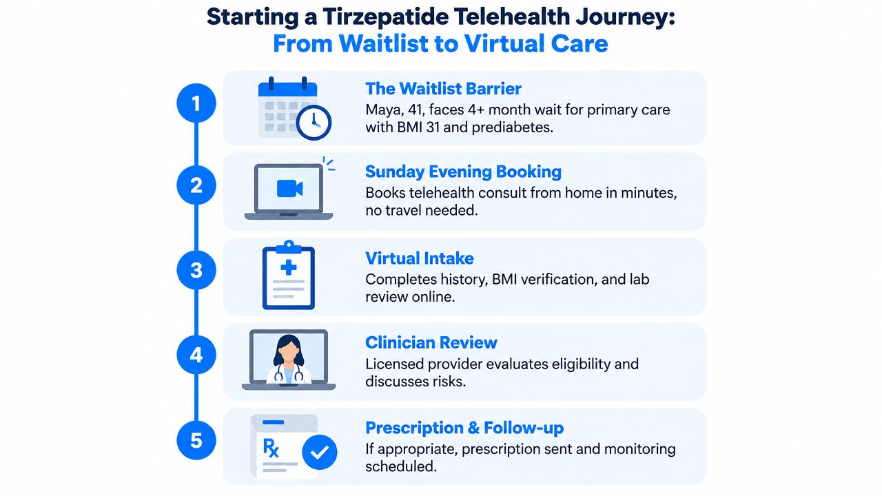 An infographic showing the five steps of starting a Tirzepatide telehealth journey from waitlist to virtual care.