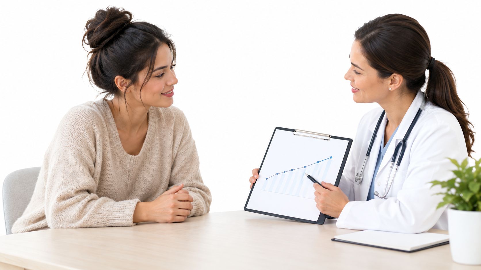 A female doctor showing a growth chart on a clipboard to her smiling patient during a consultation.