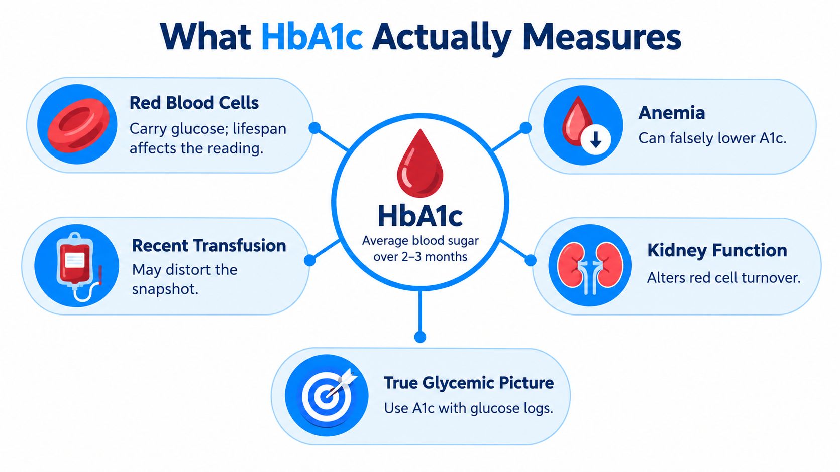 An infographic titled What HbA1c Actually Measures, detailing factors affecting blood sugar test accuracy and results.