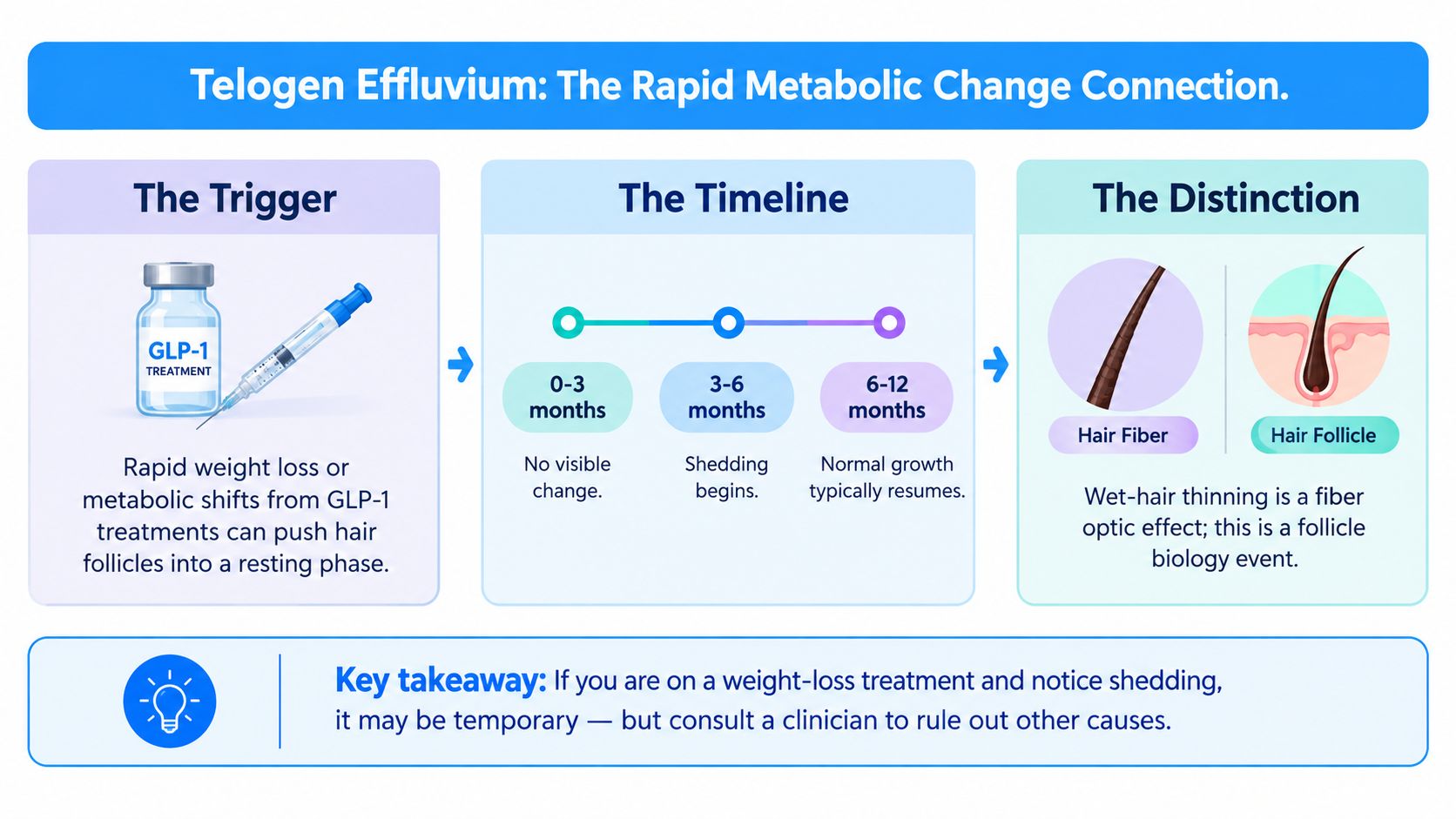 An infographic explaining how rapid weight loss from GLP-1 treatments can cause temporary hair shedding known as telogen effluvium.