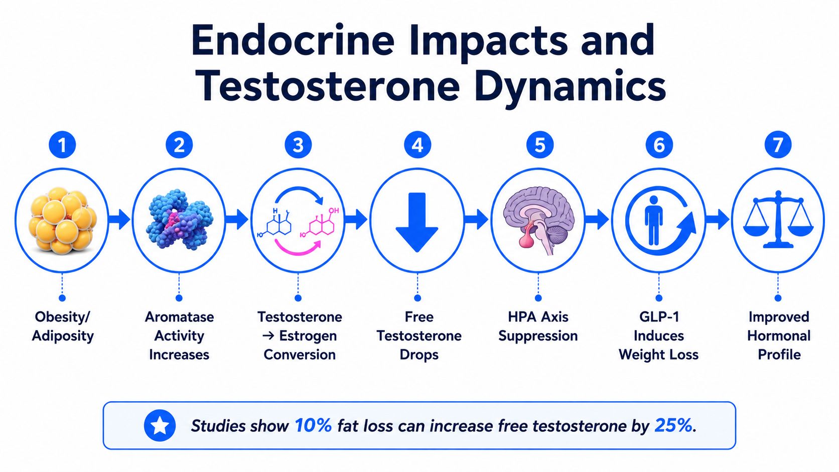 A diagram illustrating how obesity impacts endocrine function, testosterone levels, and the benefits of GLP-1 weight loss.