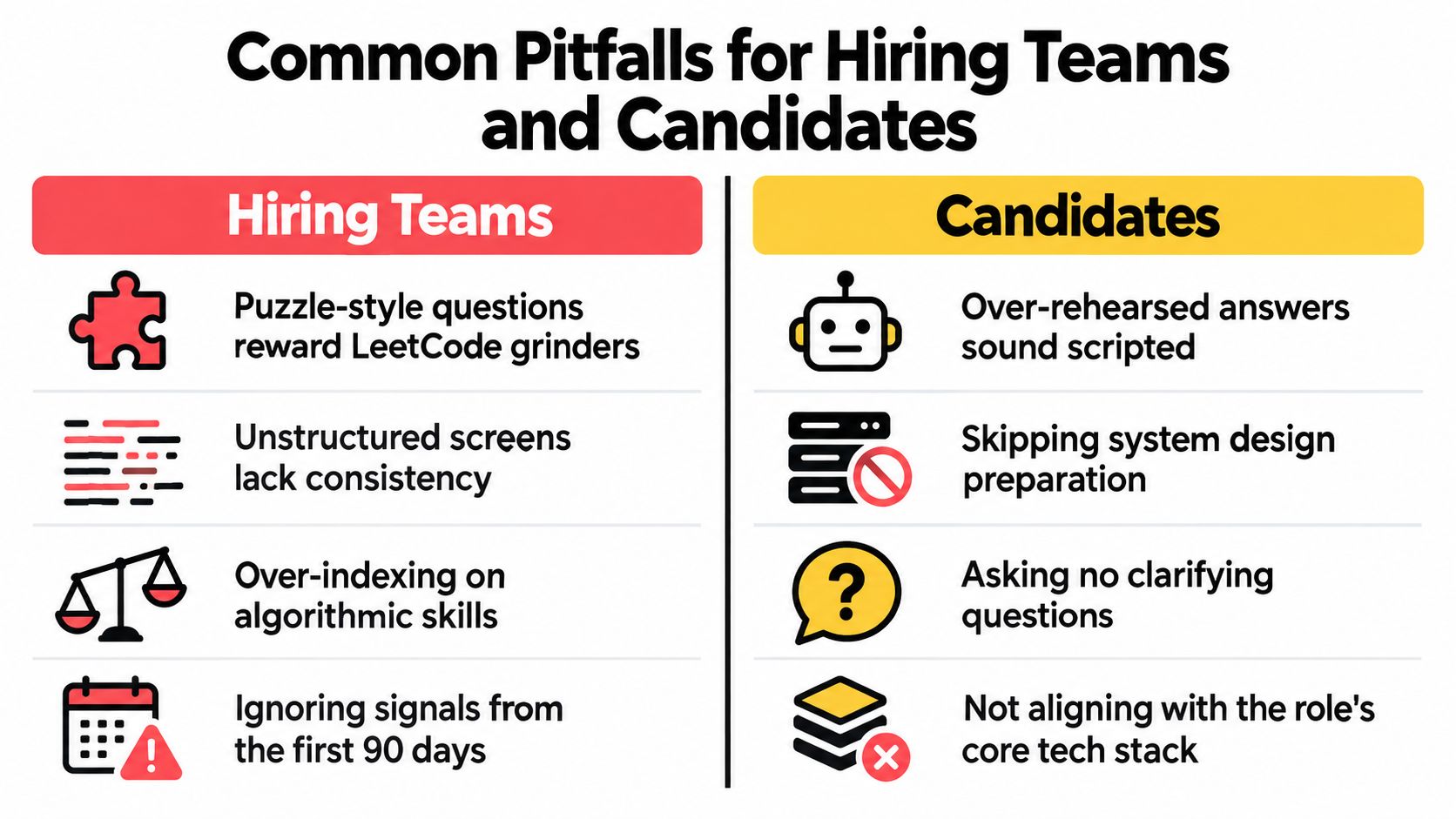 A comparison chart outlining common mistakes made by hiring teams and candidates during technical interviews.