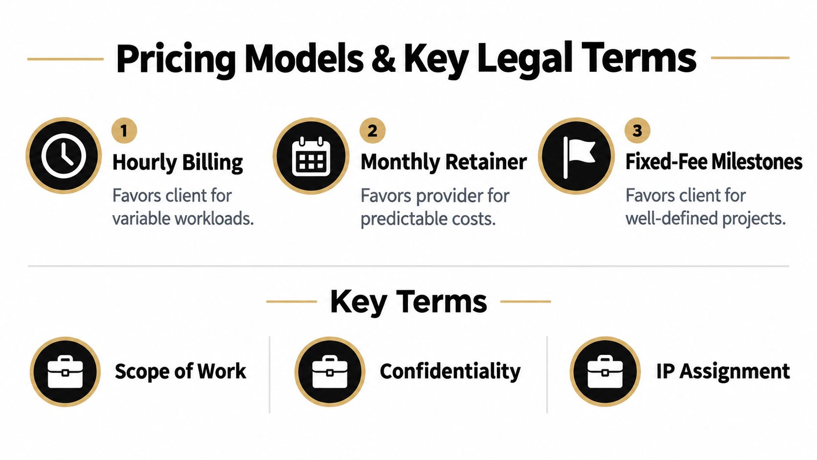 A graphic infographic explaining three common business pricing models and three essential legal contract terms.