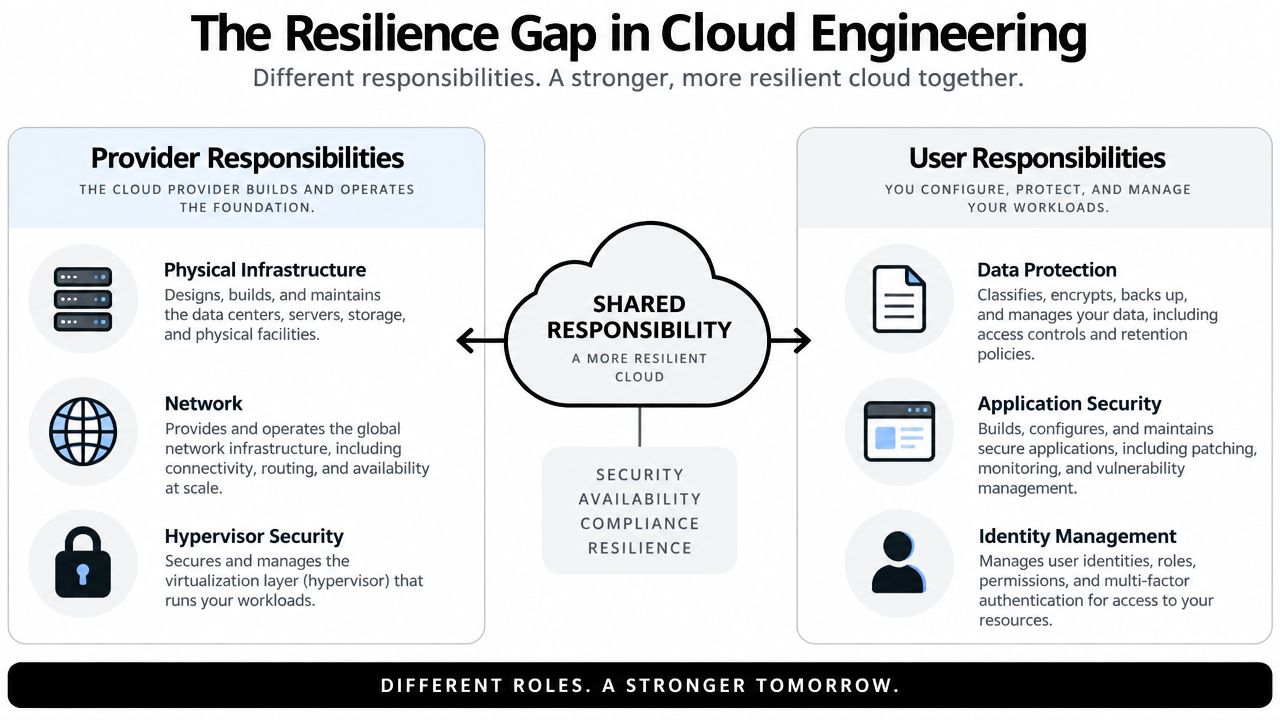 A diagram illustrating the shared responsibility model for security, availability, and resilience in cloud systems engineering.