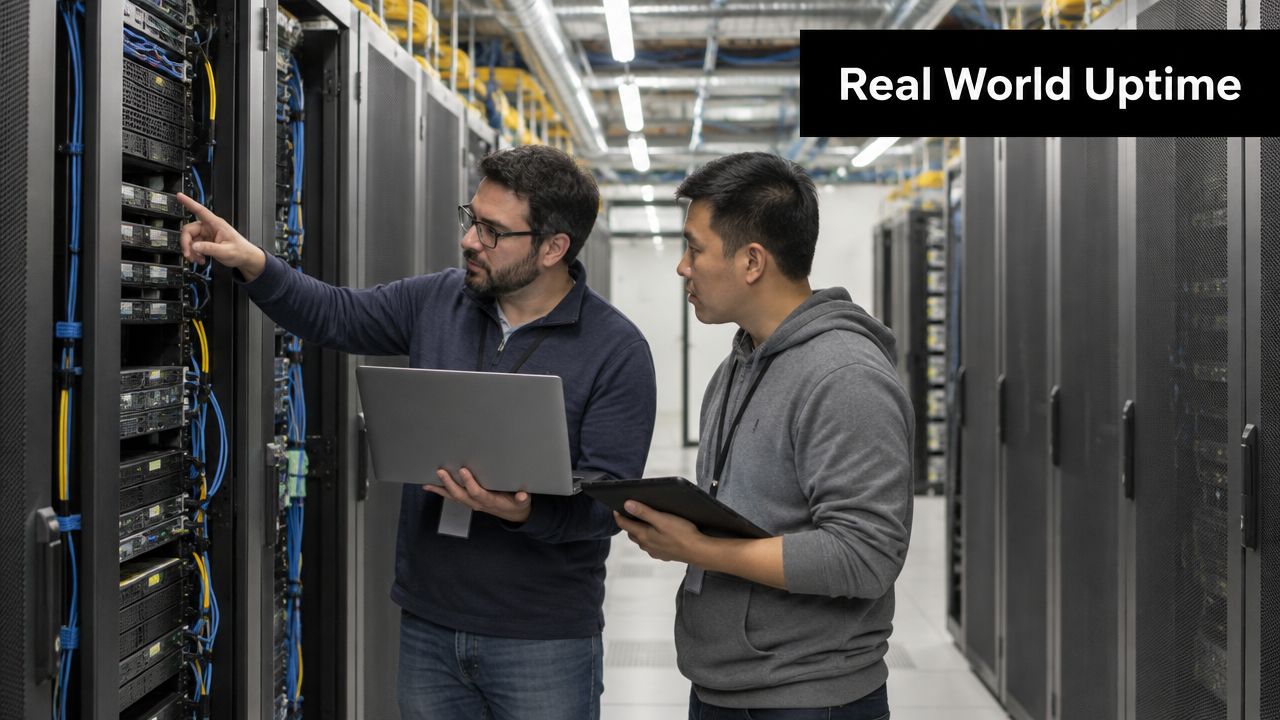 Two professional data center technicians examining server equipment in a modern, organized high-tech server room environment.